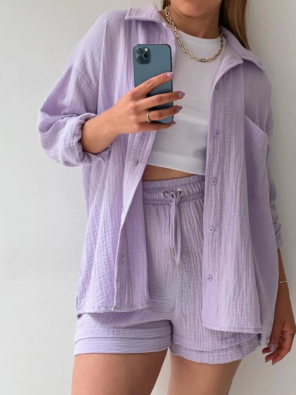 Texture Button Up Shirt and Drawstring Shorts Set - Enfance-Heureuse