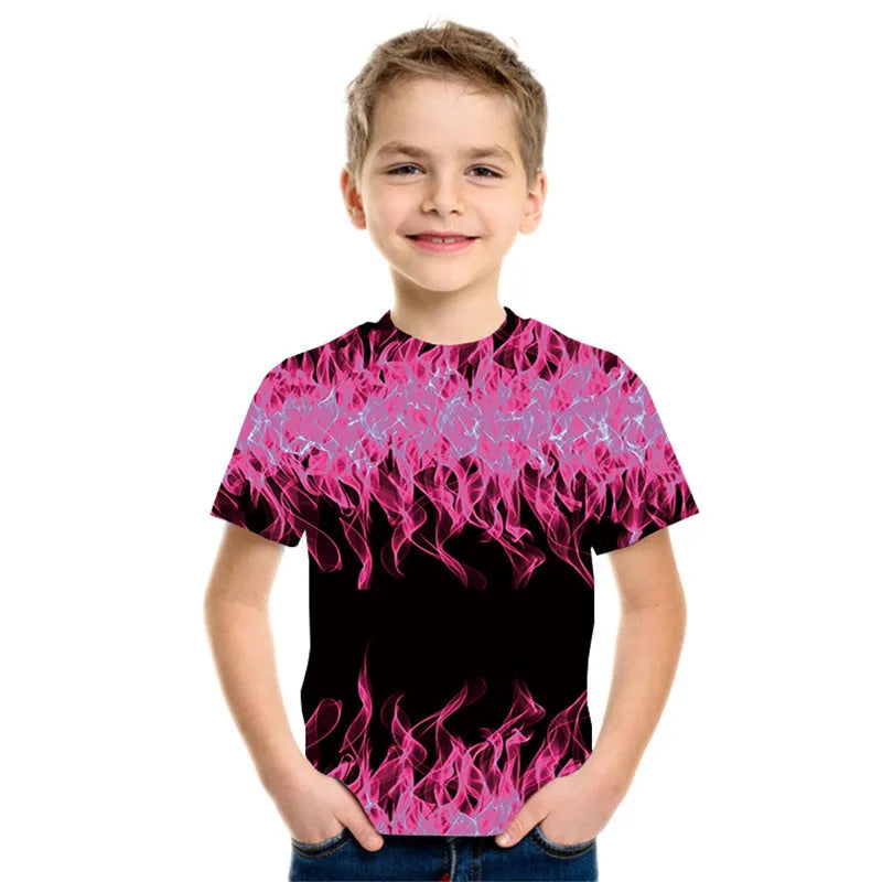 New Boys' Three-color Flame 3D Printed Short-sleeved T-shirt