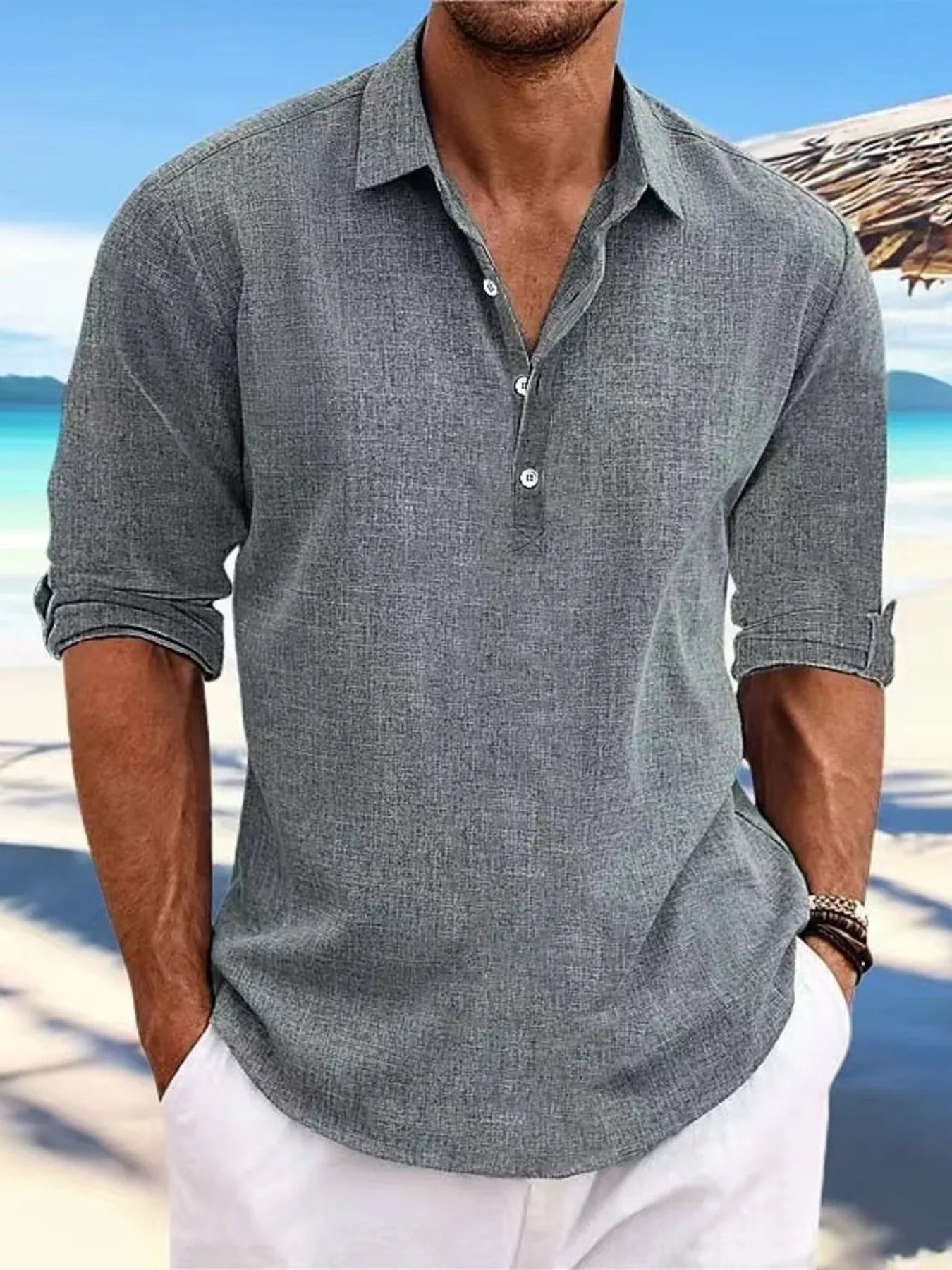 Men's Full Size Casual Linen Long Sleeve Polo Shirt Plus Size - Enfance-Heureuse