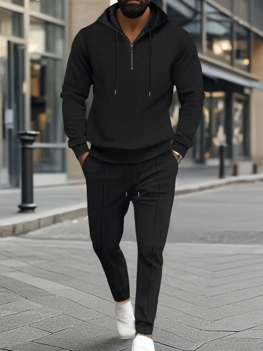 Men's Full Size Waffle-Knit Half Zipper Hoodie and Pants Set Plus Size - Enfance-Heureuse