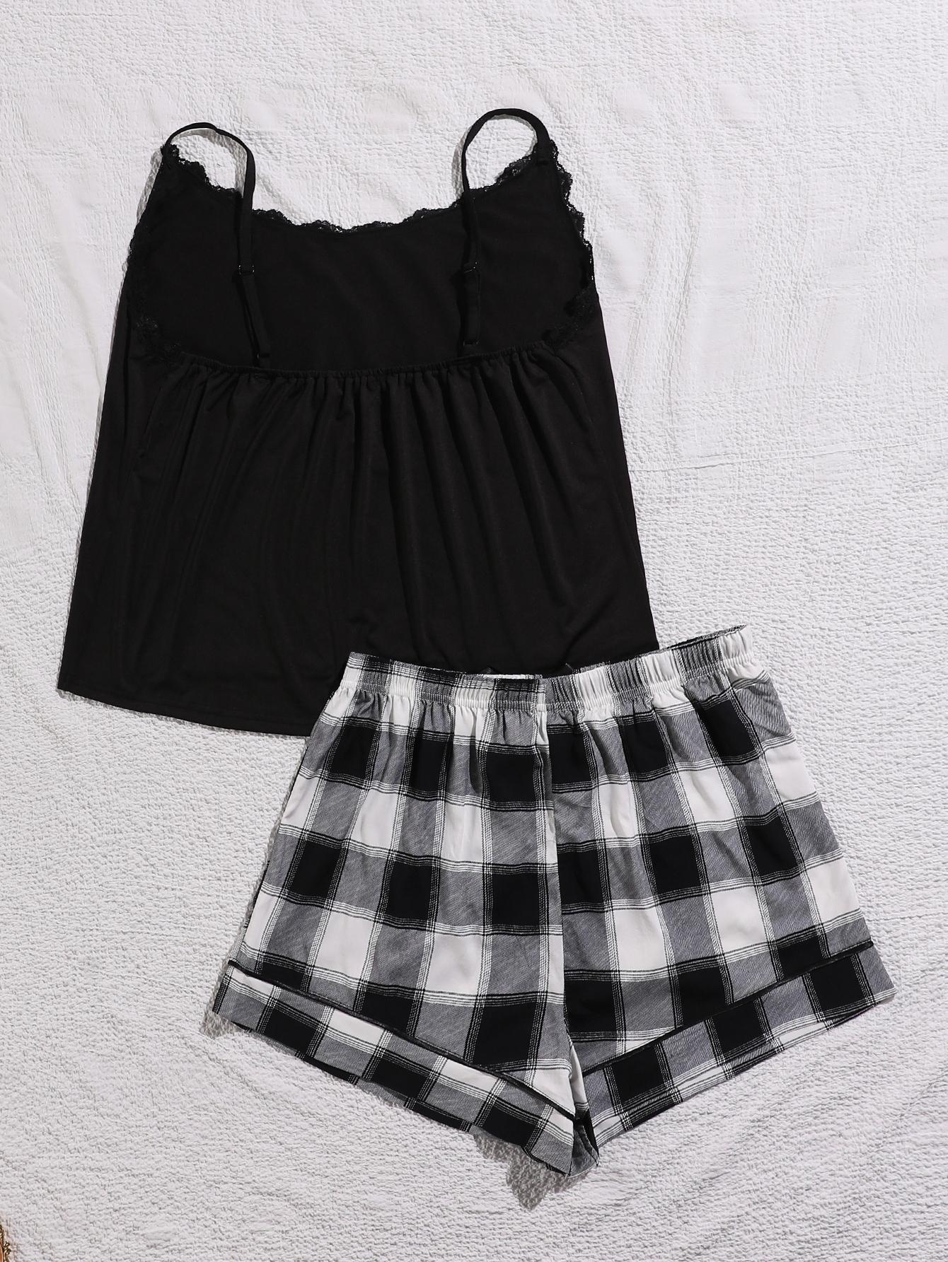 Plus Size Lace Trim Scoop Neck Cami and Printed Shorts Pajama Set - Enfance-Heureuse