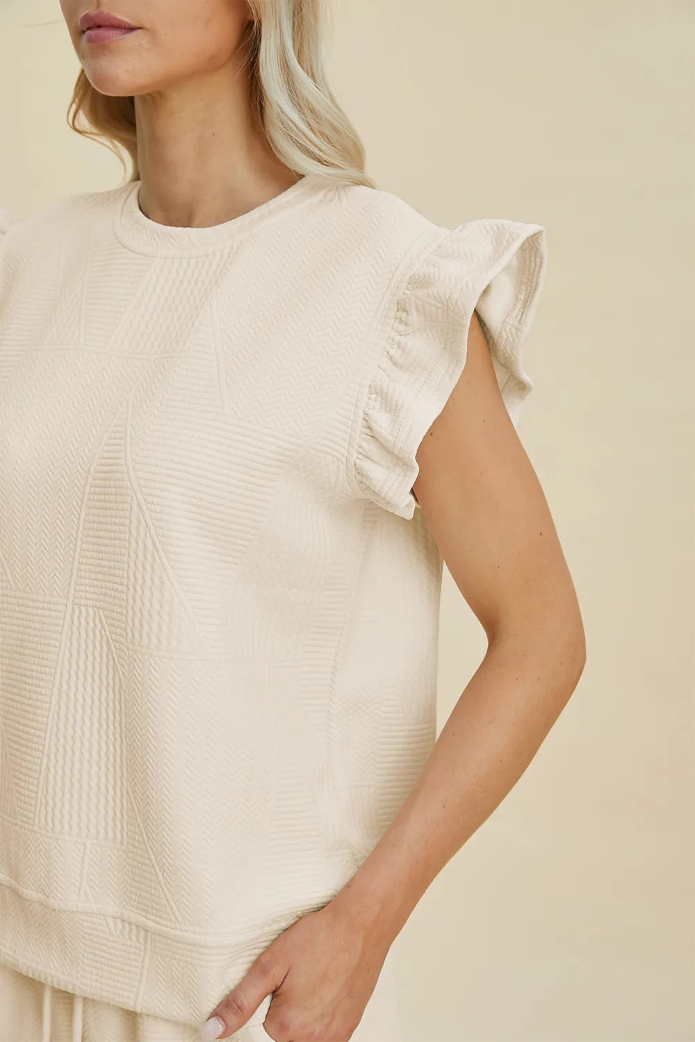 Double Take Full Size Texture Round Neck Ruffle Sleeve Top and Shorts Set - Enfance-Heureuse