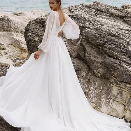European And American High Waist Plus Size Deep V Long Sleeve Mopping Backless Wedding Dress High Slit - Enfance-Heureuse