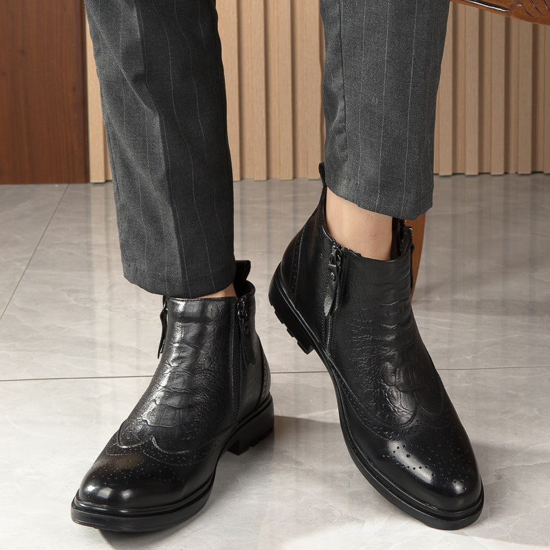 High-top Leather Shoes Height Increasing Shoes 46 Brogue Trendy Ankle Boots