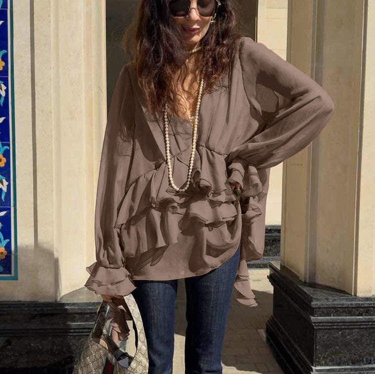 Chiffon V-neck Long Sleeve Shirt - Enfance-Heureuse