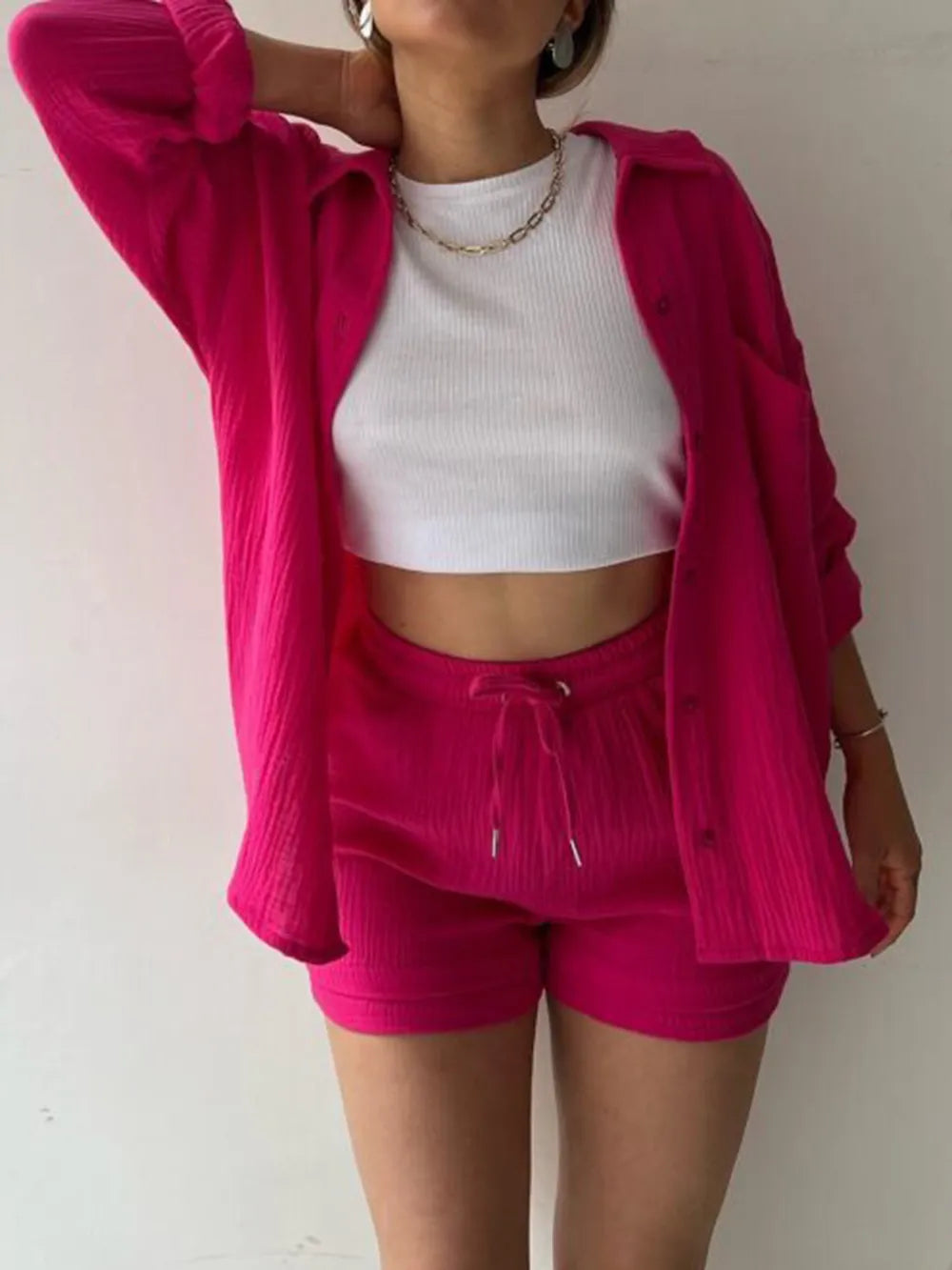 Texture Button Up Shirt and Drawstring Shorts Set - Enfance-Heureuse