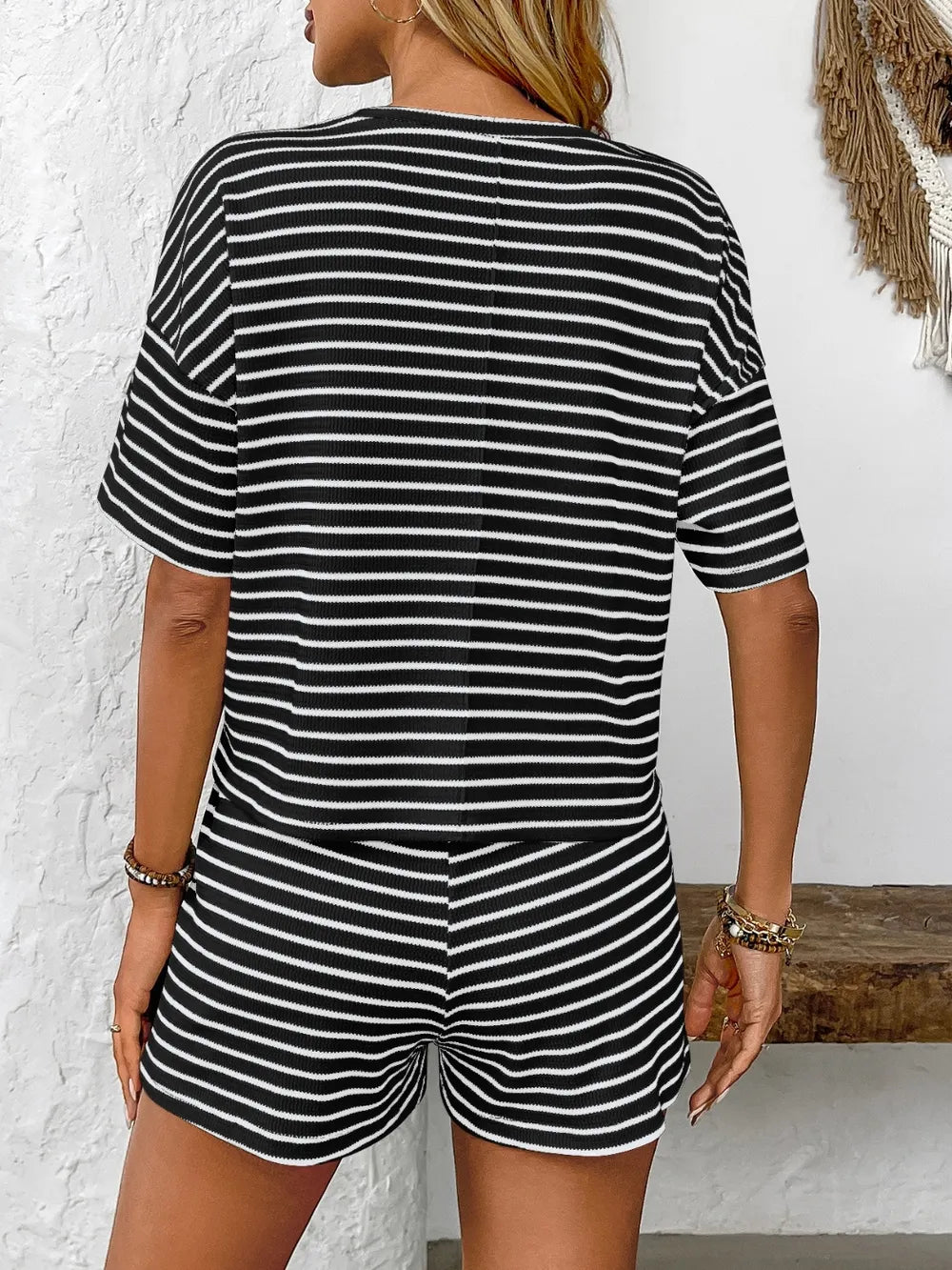 Striped Round Neck Short Sleeve Top and Shorts Set - Enfance-Heureuse