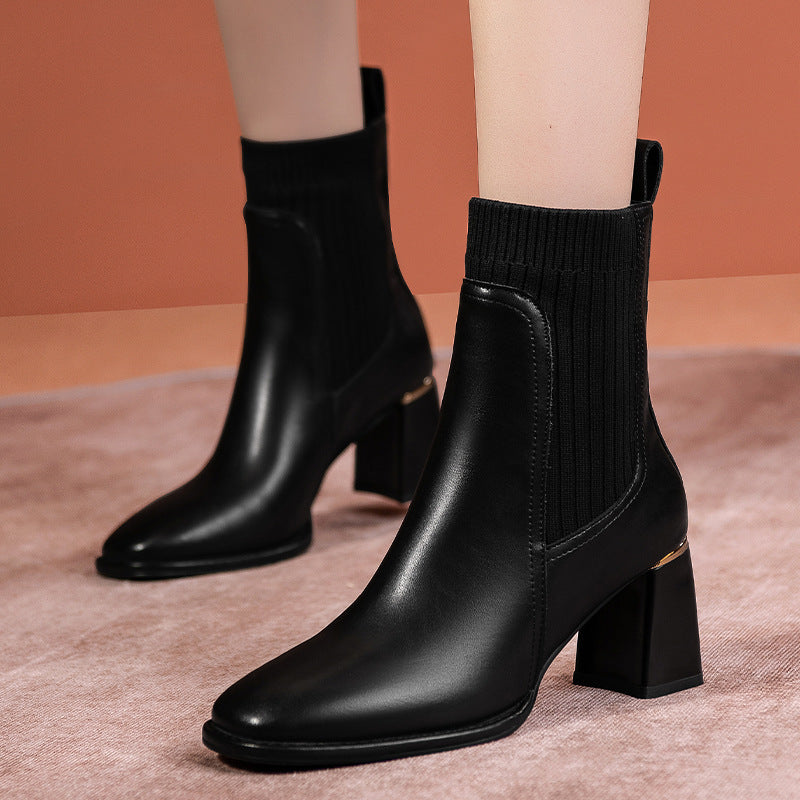 Thick Heel Round Toe Mid-heel Retro Mid-tube Women's Shoes