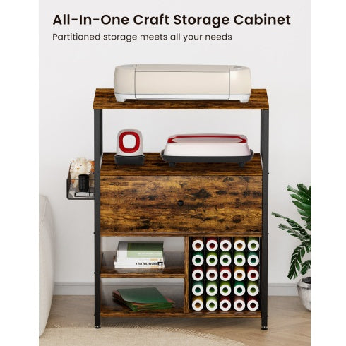 Craft Organization And Storage Cabinet Compatible With Cricut Machines, Crafting Cabinet With Drawer & 25 Vinyl Roll Holder, Craft Table Desk Workstation For Craft Room Home.Rustic Brown. - Enfance-Heureuse