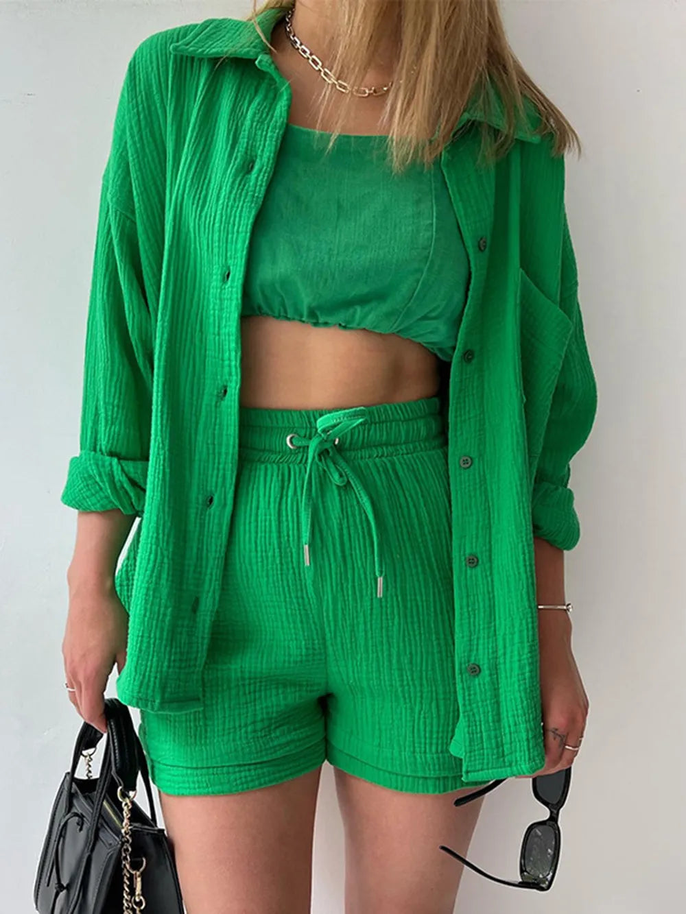 Texture Button Up Shirt and Drawstring Shorts Set - Enfance-Heureuse