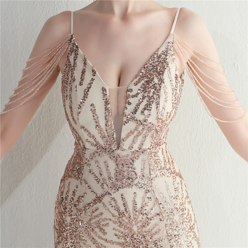 Mesh Beaded Bridal Wedding Dinner Long Camisole Evening Gown - Enfance-Heureuse
