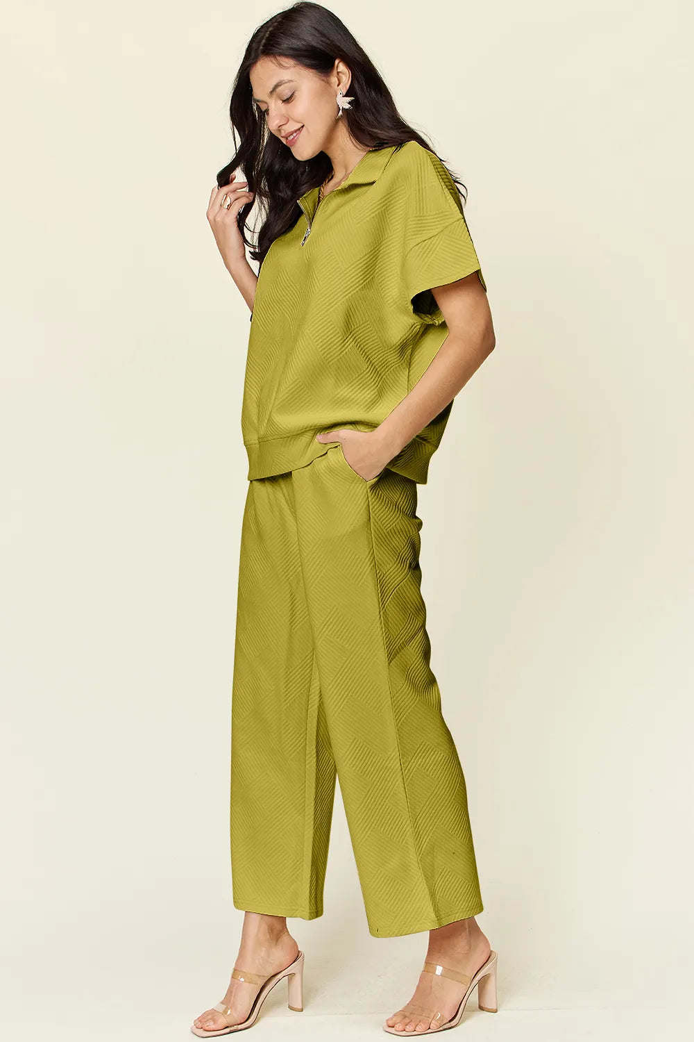 Double Take Full Size Texture Half Zip Short Sleeve Top and Pants Set - Enfance-Heureuse