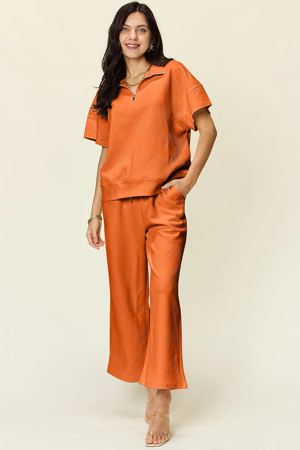 Double Take Full Size Texture Half Zip Short Sleeve Top and Pants Set - Enfance-Heureuse
