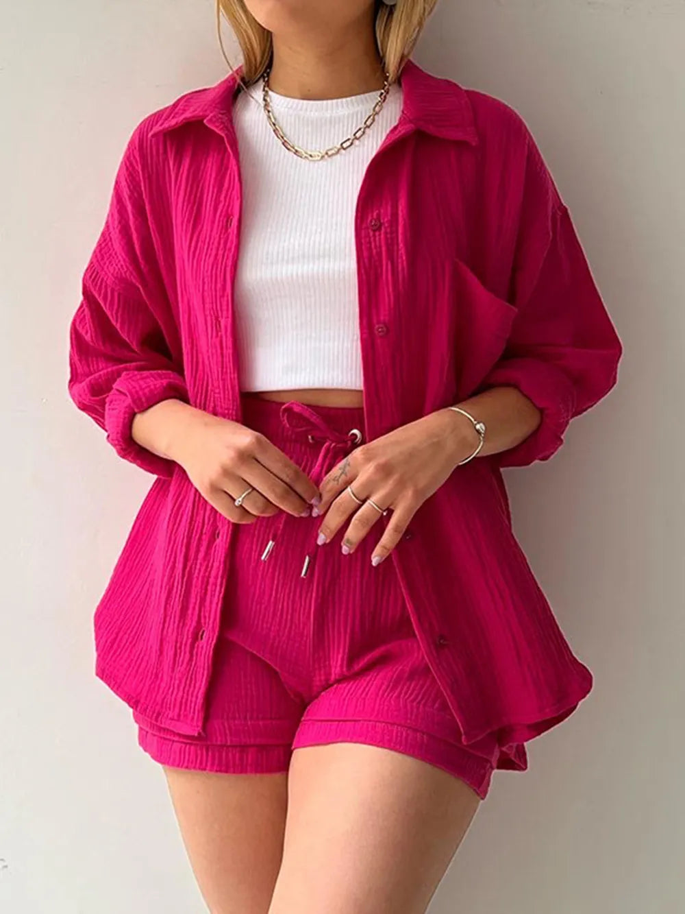 Texture Button Up Shirt and Drawstring Shorts Set - Enfance-Heureuse