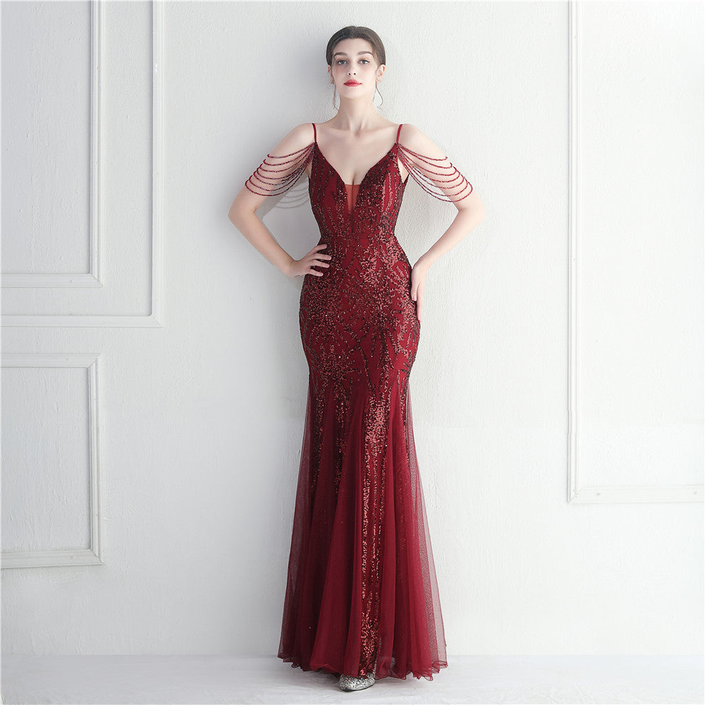 Mesh Beaded Bridal Wedding Dinner Long Camisole Evening Gown - Enfance-Heureuse
