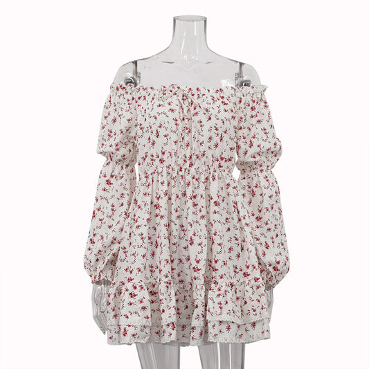 Sexy Off-neck Puff Sleeve Pleated Tube Top Printed Waist-controlled Dress - Enfance-Heureuse