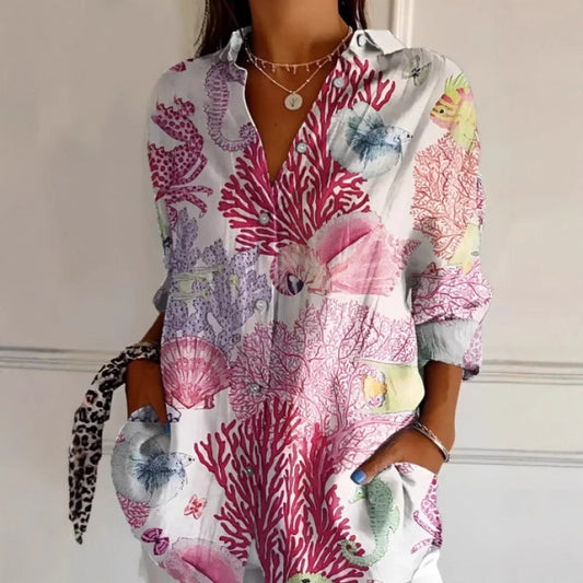 Floral Print Long-sleeved Shirt Women's Casual Button Tops Clothing - Enfance-Heureuse