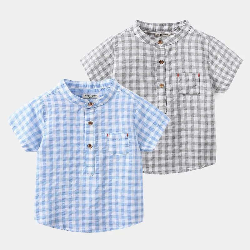 Children's Cotton Blue Short-sleeved Shirt Fashion Casual Short-sleeved Plaid Shirt