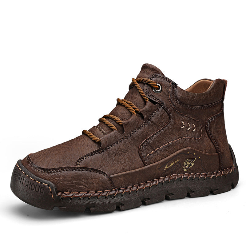 Fleece-lined Warm Mid-top Cotton-padded Shoes Soft Bottom Stitching Non-slip Men's Outdoor Leisure Shoes - Enfance-Heureuse