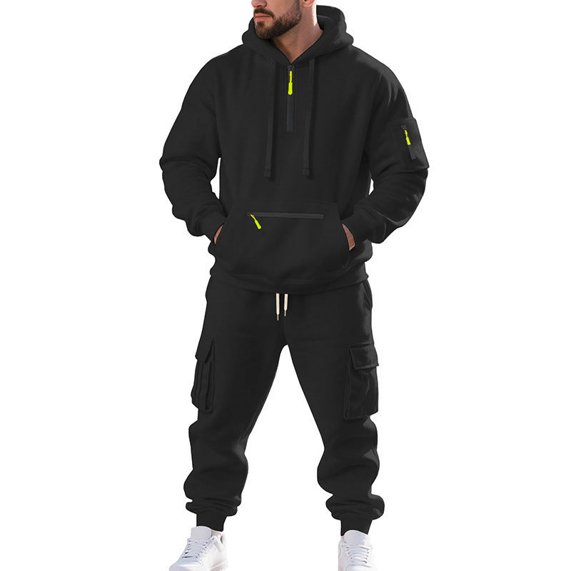 Men's Loose Sports And Leisure Suit Sweater Fleece-lined Hoodie Set Zipper Multi-Pocket Pullover Men's Sports Casual Top Two-piece Set - Enfance-Heureuse