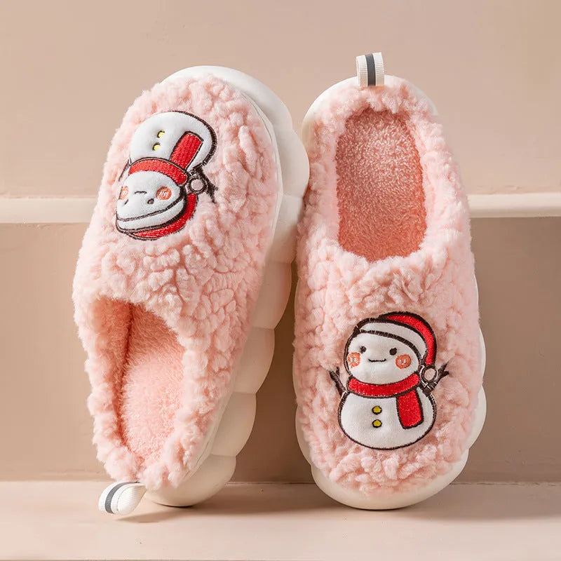 Pantoufles mignonnes de bonhomme de neige pour l'hiver, intérieur, en peluche chaude, à semelles épaisses, antidérapantes, pantoufle de maison, chaussures de maison