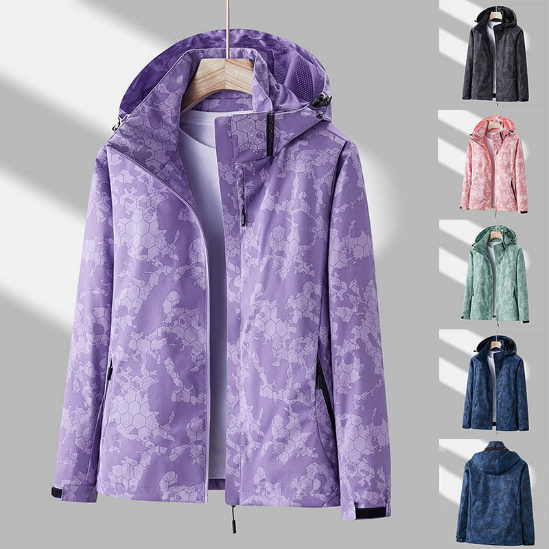 Printed Hooded Windbreaker Unisex Fashion Solid Color Zip-up Jacket Waterproof Windproof Outwear For Women Men Clothing - Enfance-Heureuse