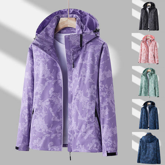 Printed Hooded Windbreaker Unisex Fashion Solid Color Zip-up Jacket Waterproof Windproof Outwear For Women Men Clothing - Enfance-Heureuse