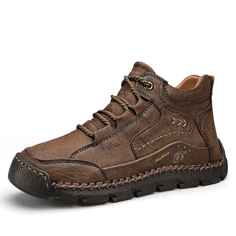 Fleece-lined Warm Mid-top Cotton-padded Shoes Soft Bottom Stitching Non-slip Men's Outdoor Leisure Shoes - Enfance-Heureuse