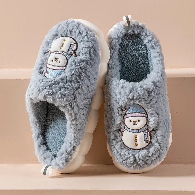 Pantoufles mignonnes de bonhomme de neige pour l'hiver, intérieur, en peluche chaude, à semelles épaisses, antidérapantes, pantoufle de maison, chaussures de maison