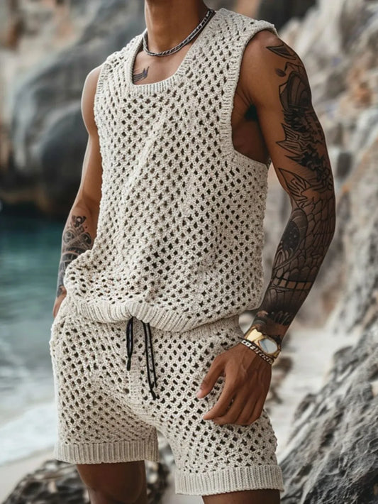 Men's Plus Size Hollow Out Round Neck Tank and Shorts Set - Enfance-Heureuse