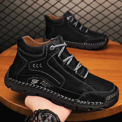 Fleece-lined Warm Mid-top Cotton-padded Shoes Soft Bottom Stitching Non-slip Men's Outdoor Leisure Shoes - Enfance-Heureuse