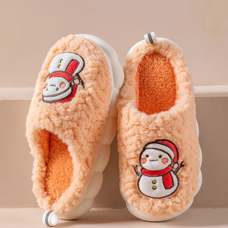 Pantoufles mignonnes de bonhomme de neige pour l'hiver, intérieur, en peluche chaude, à semelles épaisses, antidérapantes, pantoufle de maison, chaussures de maison