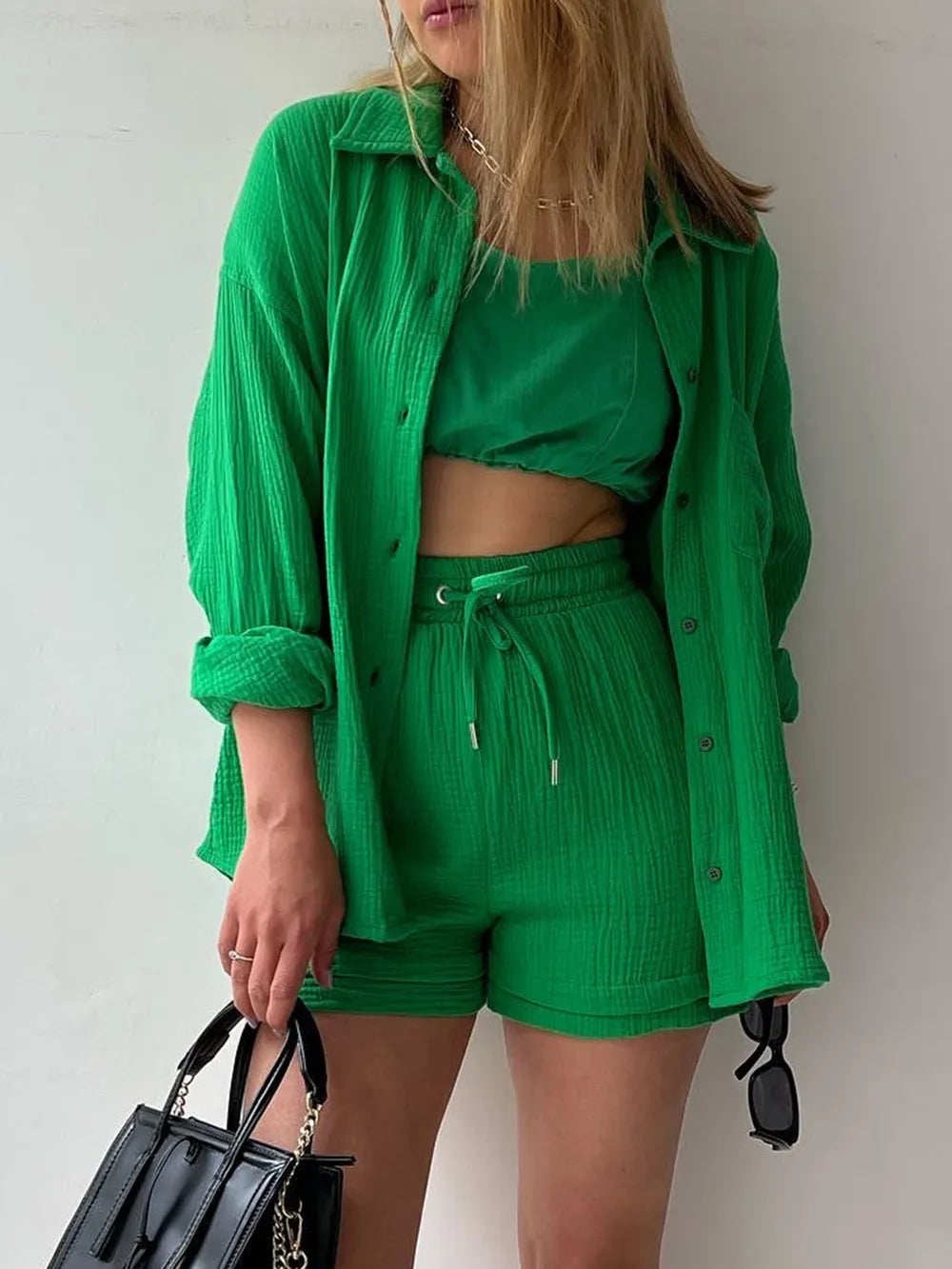 Texture Button Up Shirt and Drawstring Shorts Set - Enfance-Heureuse