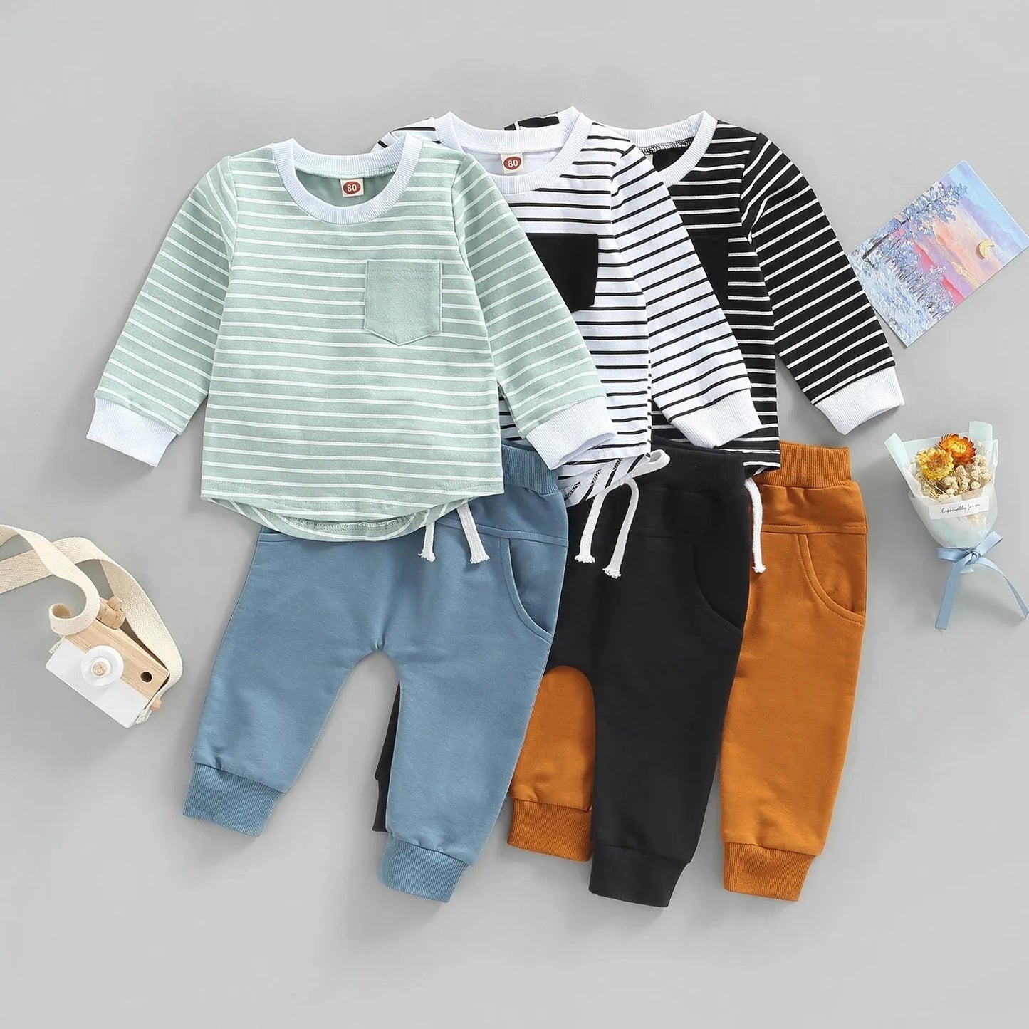 Kids Striped Round Neck Long Sleeve T-Shirt Set