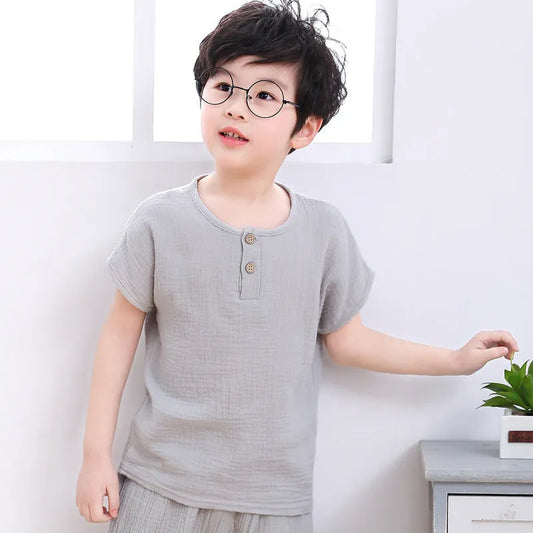 Boy short-sleeved cotton and linen T-shirt