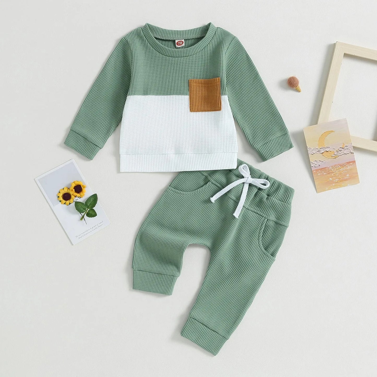 Color Matching Pocket Waffle Sweater Lace-up Sweatpants 2-Piece Children's Fashion Casual Wear Baby Suit