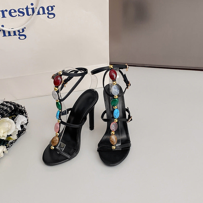 Fashion Colorful Beads Buckle Sandals Summer Stiletto High Heel Shoes Women Party Pumps - Enfance-Heureuse