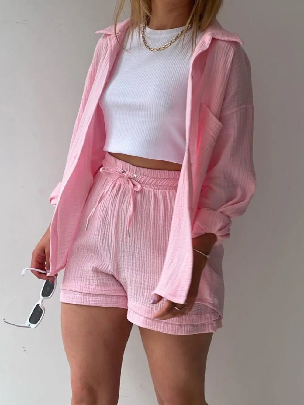 Texture Button Up Shirt and Drawstring Shorts Set - Enfance-Heureuse