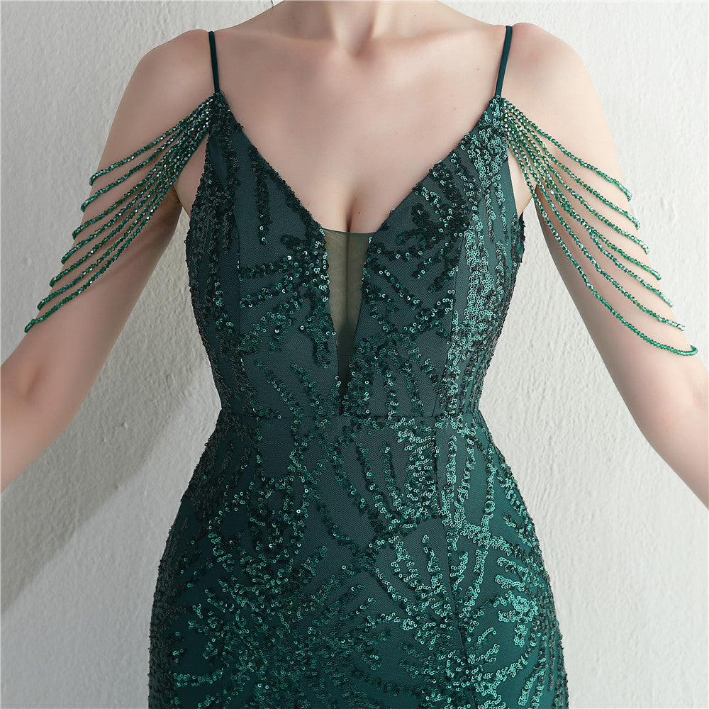 Mesh Beaded Bridal Wedding Dinner Long Camisole Evening Gown - Enfance-Heureuse