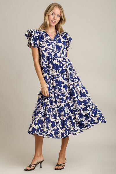 Umgee Full Size Floral Collared Ruffle Cap Sleeve Midi Dress Plus Size - Enfance-Heureuse