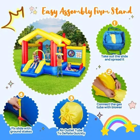 8 In 1 Inflatable Bounce House With Blower Basketball Hoop Ocean Balls Ring - toss Game Target And Sticky Ball Game For Kids - Enfance - Heureuse