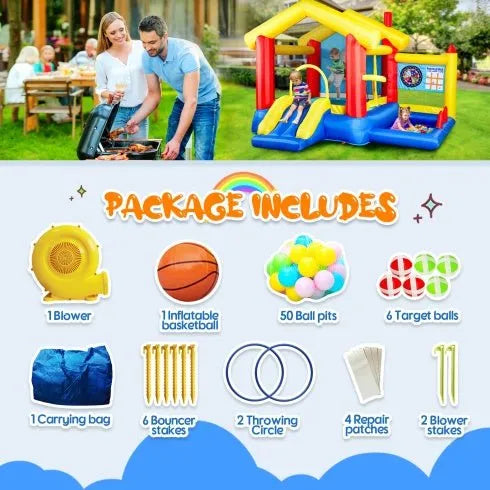 8 In 1 Inflatable Bounce House With Blower Basketball Hoop Ocean Balls Ring-toss Game Target And Sticky Ball Game For Kids - Enfance-Heureuse