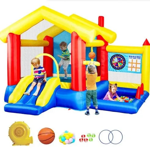 8 In 1 Inflatable Bounce House With Blower Basketball Hoop Ocean Balls Ring - toss Game Target And Sticky Ball Game For Kids - Enfance - Heureuse