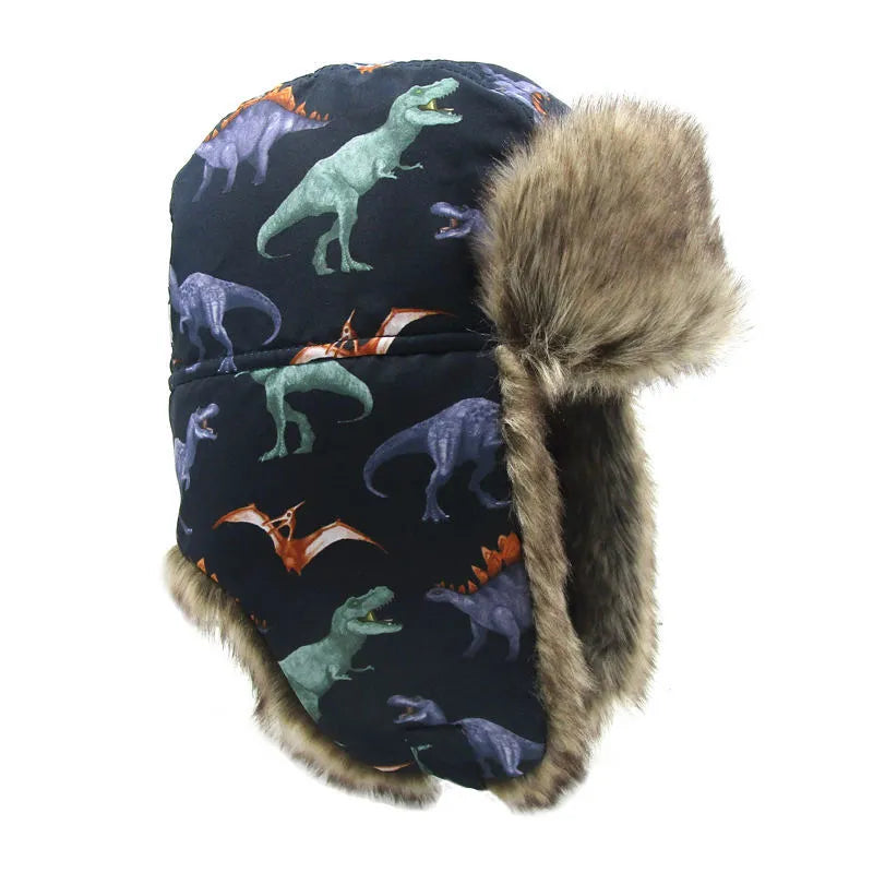 Gorro con protección para los oídos cálido y grueso con estampado de dinosaurio para niños