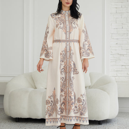 Stand Collar Printing Long Retro Muslim Dress - Enfance-Heureuse
