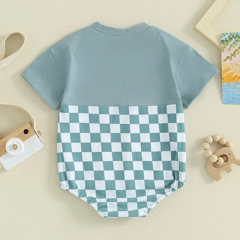 Baby Summer Jumpsuit Waffle Patchwork Pocket Short Sleeve