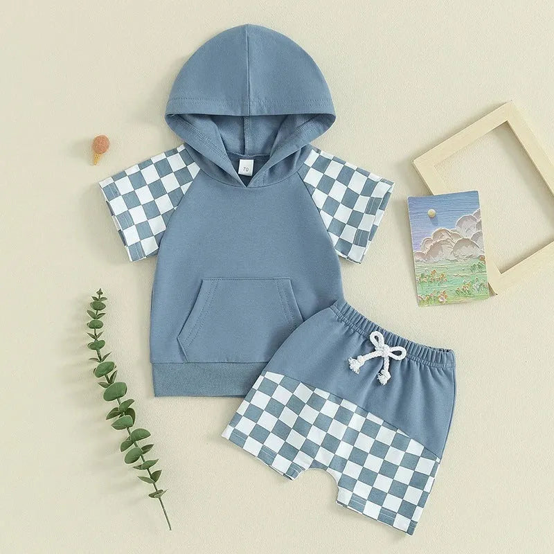 Summer European And American Boys' Plaid Hooded Fleece And Shorts Suit