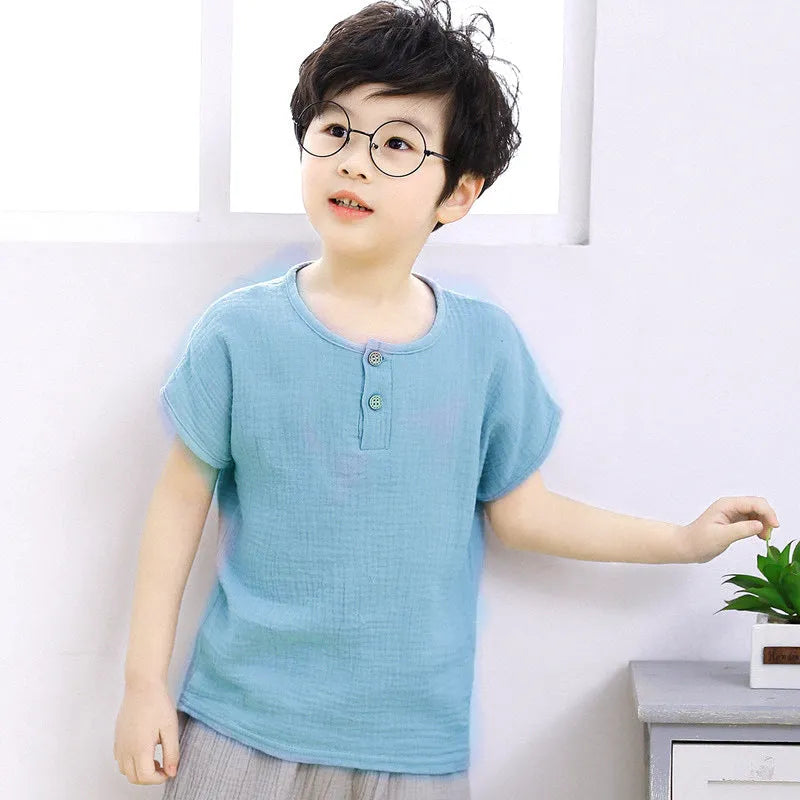 Boy short-sleeved cotton and linen T-shirt