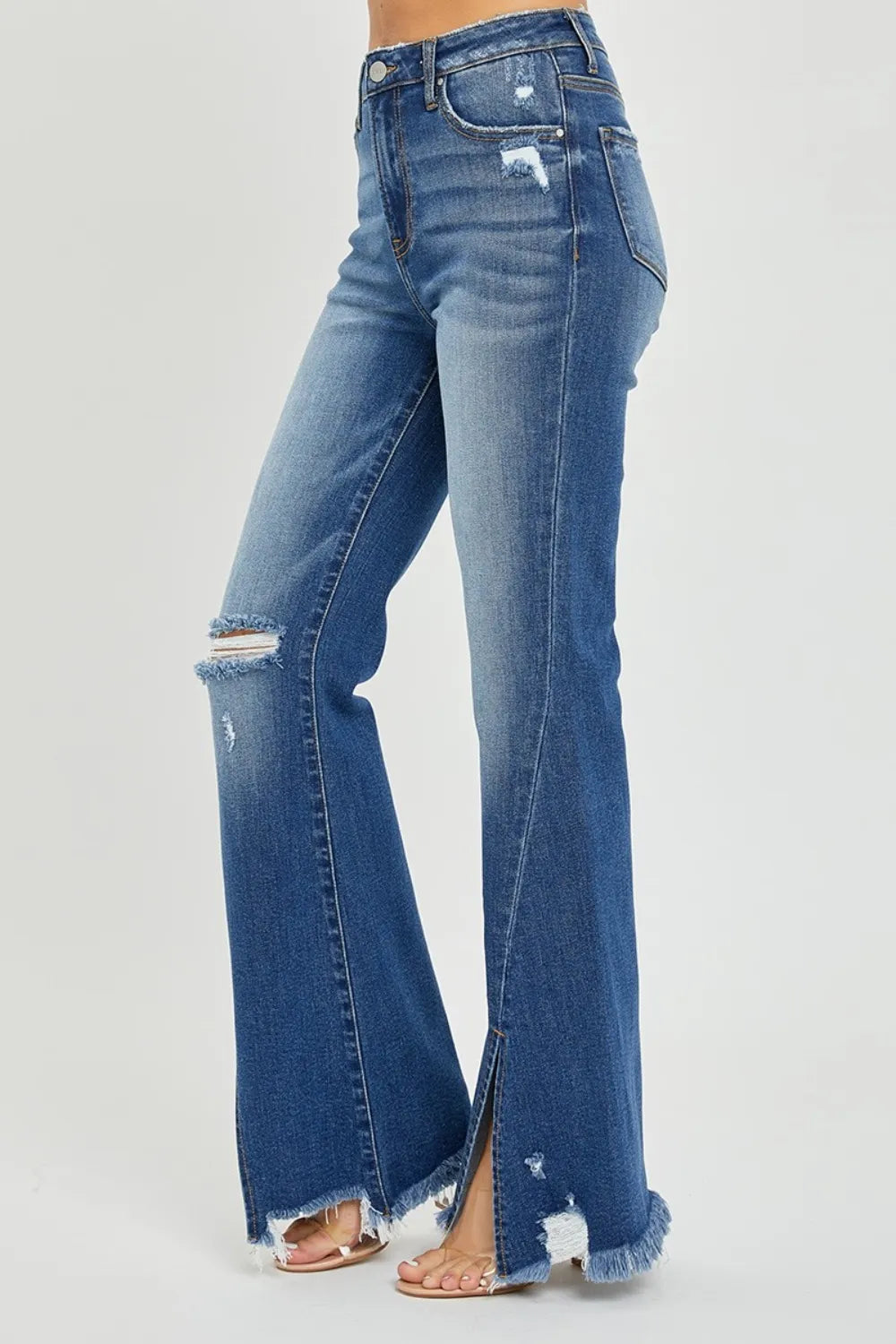 RISEN Full Size High Rise Front Slit Frayed Hem Flare Jeans - Enfance-Heureuse