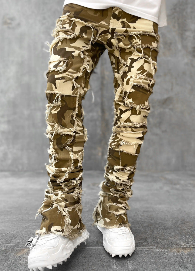 Men Trousers Individual Patched Pants Long Tight Fit Stacked Jeans For Mens Clothing - Enfance-Heureuse